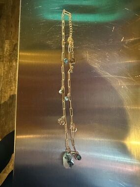 Gold-Tone Link Necklace with Green Stone and Charm Accents